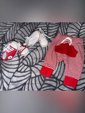 2 Faux Chuck’s Baby Crib Shoes - Red & White + Striped Baby Jogger Pants Sz NB